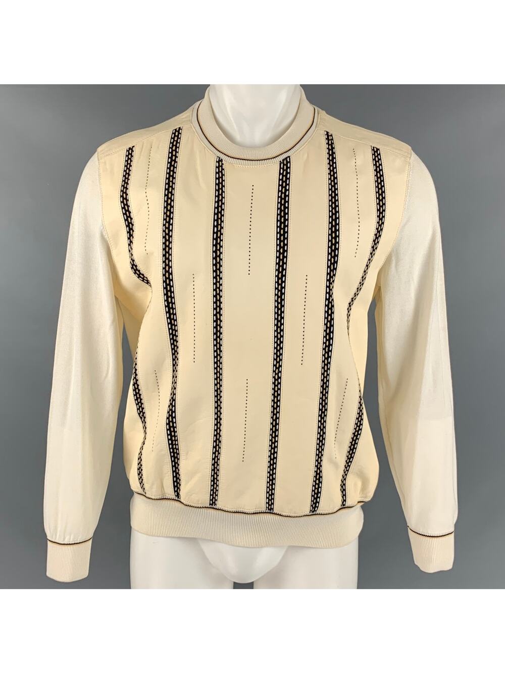 BARCELINO Size 38 Cream Black Cotton Crew-Neck Pullover